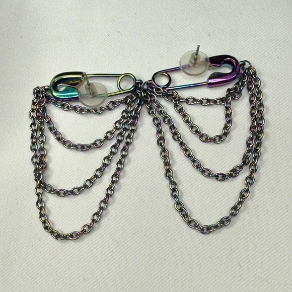 SASSY JONES Multicolor Safety Pin Chain Drop Earrings - Picture 4 of 4